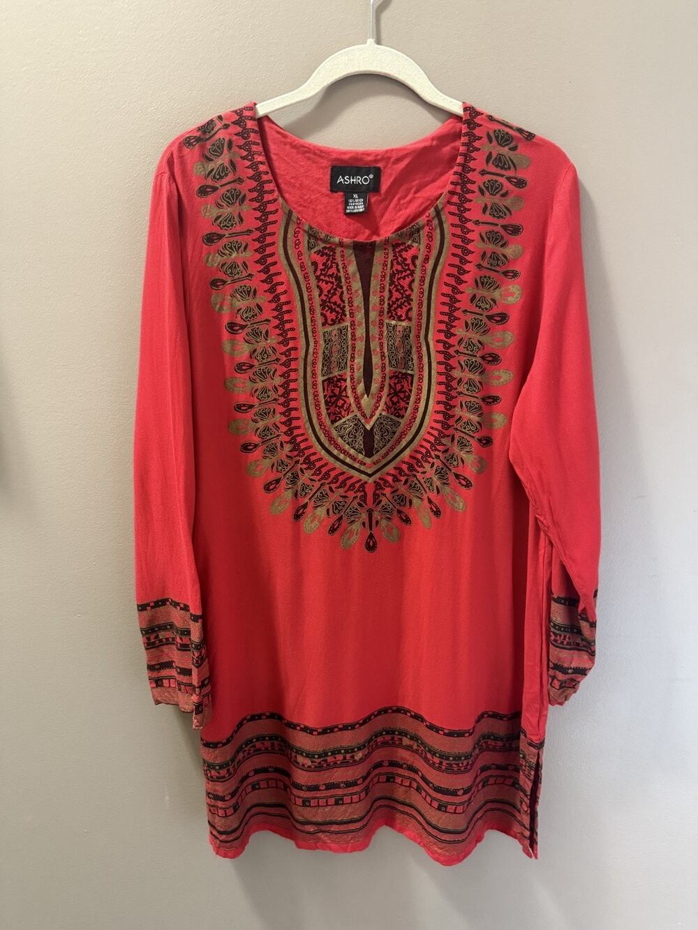 Ashro Women's Red Tunic Top w/ Indian Print Size XL Boho Eclectic
